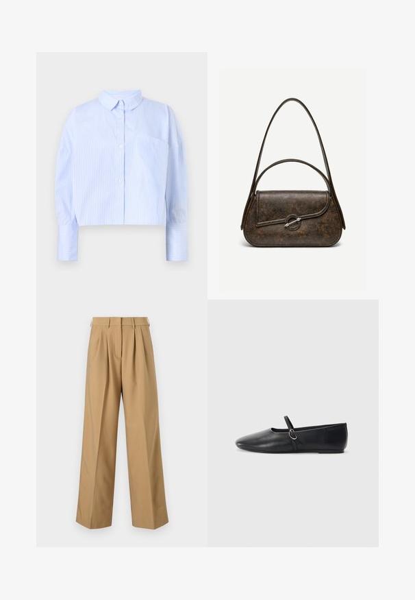 Camisa de botones cortada en azul claro con rayas verticales blancas, que presenta un cuello desplegado y un bolsillo en el pecho. Textura de tela suave.; Pantalones de algodón beige con una cintura alta, frente plisado, piernas anchas y una textura suave. Presenta una cinturilla estándar y pasadores para cinturón.; Bailarinas de cuero negro con punta afilada, suela plana y una pequeña correa con detalle de hebilla plateada.; Bolso de cuero texturizado marrón oscuro con dos asas, forma rectangular redondeada y cierre de broche circular plateado en la solapa frontal.