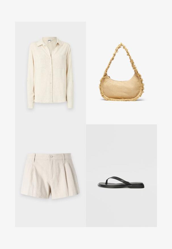 Chemise à manches longues beige clair avec col, deux poches poitrine et un fini en tissu texturé.; Shorts en lin de couleur beige clair, dotés d'un design plissé, d'une fermeture à bouton sur le devant et d'une finition lisse et texturée.; Tongs noires en cuir lisse, avec un design de sangle fine et une semelle plate à profil minimal. Aucun motif ou accent notables.; Sac beige texturé de forme arrondie, avec un bord effiloché tout le long des bords et une courte sangle pour le porter. Ouverture zippée en haut.