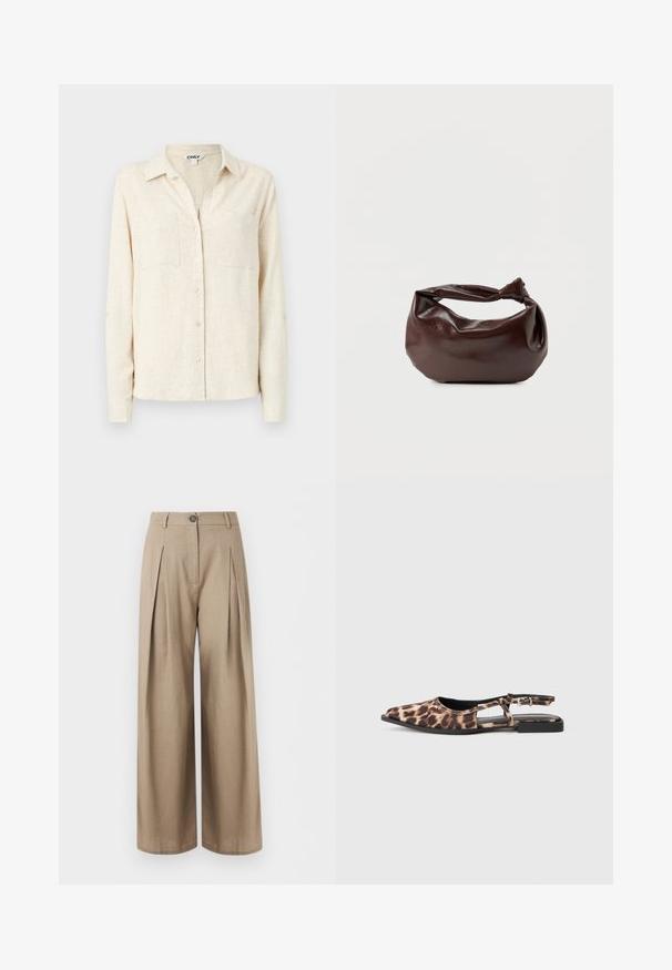Chemise à manches longues beige clair avec col, deux poches poitrine et un fini en tissu texturé.; Pantalon beige à jambes larges avec plis sur le devant, fermeture par boutons, passants pour ceinture et finition lisse du tissu, présenté sur fond blanc.; Ballerine à enfiler en imprimé léopard, avec un bout pointu, des côtés ouverts et un petit talon noir. Le matériau semble lisse avec un léger éclat.; Sac bandoulière en cuir marron foncé avec une forme souple et décontractée et une anse nouée torsadée sur un fond blanc uni.