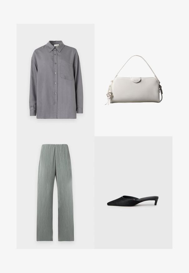 Graues Hemd mit Knöpfen und Kragen, langärmlig, mit einer Brusttasche und dezenten rosa vertikalen Streifen. Glatte Stofftextur.; Hellgraue, weit geschnittene Hose mit hoher Taille und vertikalen, strukturierten Linien, vor einem einfachen weißen Hintergrund präsentiert.; Schwarze Wildleder-Mules mit spitzer Zehenform und niedrigem Absatz. Verfügen über eine glatte Textur und einen offenen Rücken für bequemes Tragen. Einfaches Design ohne Muster.; Weiße rechteckige Calvin Klein Handtasche mit einem einzelnen Henkel, minimalistischem Design und dekorativen Quasten mit geometrischem Metallanhänger an der Seite.