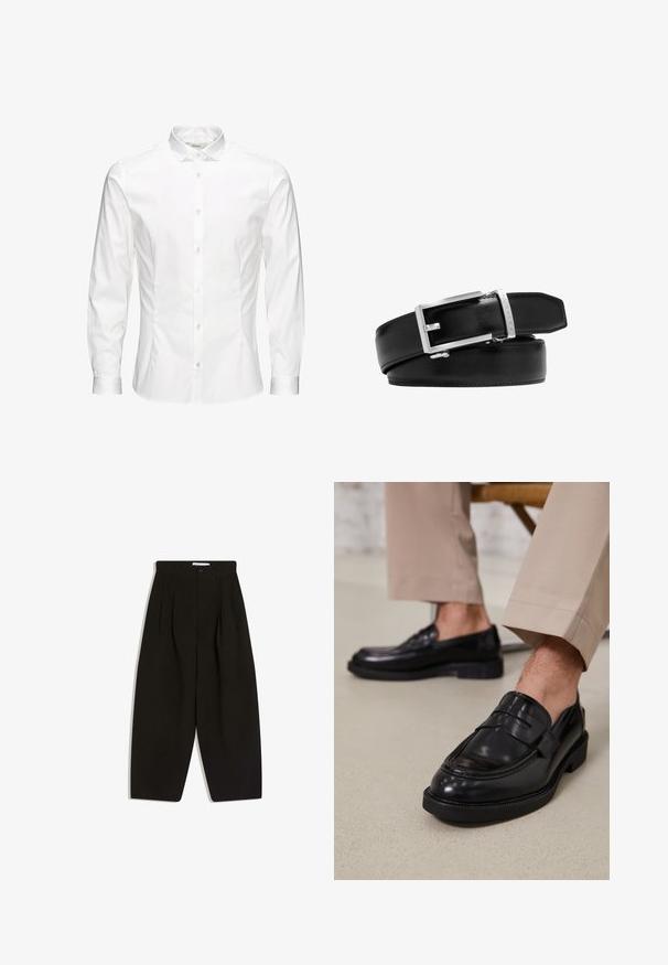 Chemise blanche à manches longues avec boutons, fabriquée dans un tissu lisse. Dotée d'un col classique, de boutons sur le devant et de poignets à un bouton. Design ajusté.; Pantalon noir à jambes larges en tissu doux, avec un devant plissé, une fermeture à boutons et des poches latérales pour plus de fonctionnalité.; Mocassins en cuir noir avec une finition lisse, ornés d'une sangle décorative et de coutures contrastées, associés à un pantalon beige.; Ceinture en cuir noir avec boucle rectangulaire argentée et passant en métal de marque, roulée sur fond blanc.