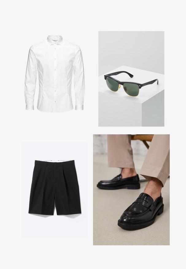 Hvit langermet skjorte med knapper laget av glatt stoff. Har klassisk krage, frontknapper og mansjetter med én knapp. Slim fit-design.; Svarte skreddersydde knelang shorts med beltehemper, sidelommer, knappelukking og frontfolder, lagt flatt på hvit bakgrunn.; Svarte skinnloafers med glatt overflate, med en dekorativ stropp og kontrastbroderi, sammen med beige bukser.; Ray-Ban solbriller med grønne linser, svarte plastikkrammer og gullkanter. Firkantet form med matt finish.