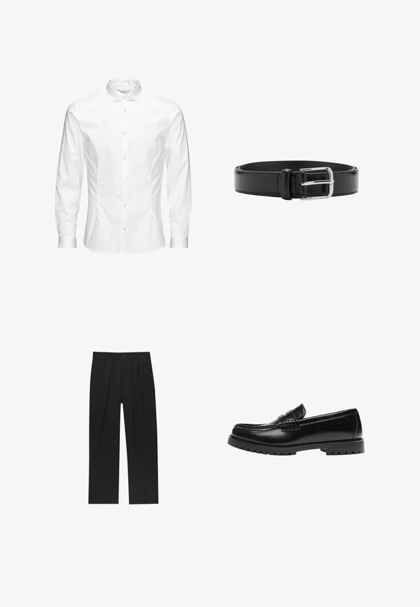 Chemise blanche à manches longues avec boutons, fabriquée dans un tissu lisse. Dotée d'un col classique, de boutons sur le devant et de poignets à un bouton. Design ajusté.; Pantalons noirs au design droit, fabriqués à partir d'un tissu lisse. Dotés de plis sur le devant et d'une fermeture à un bouton à la taille.; Mocassin en cuir noir avec une semelle en caoutchouc épaisse et un détail classique de bride à monnaie, vu de côté extérieur.; Ceinture en cuir noir avec coutures visibles et boucle argentée brillante, posée à plat en position enroulée sur un fond blanc.