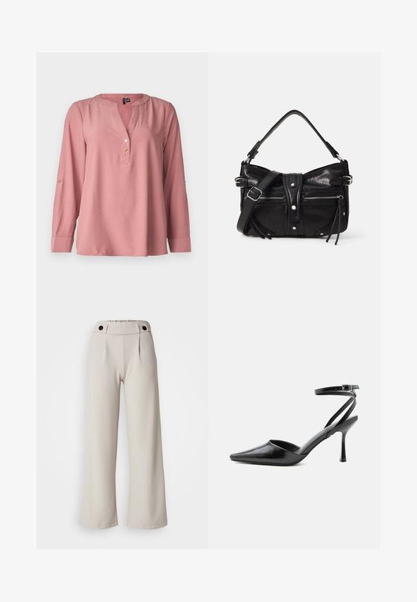 Blouse à manches longues de couleur rose, avec un col en V, un col arrondi, trois boutons dorés et des manches à onglets roulées. Tissu lisse avec une texture minimale.; Pantalons à jambes larges plissés en tissu beige clair avec une texture lisse, dotés d'une taille froncée et de deux boutons noirs à la taille.; Escarpin noir à bout pointu avec fines brides de cheville et fermeture à boucle argentée sur fond clair uni.; Even&Odd by Zalando H24462 - Sac à main - black