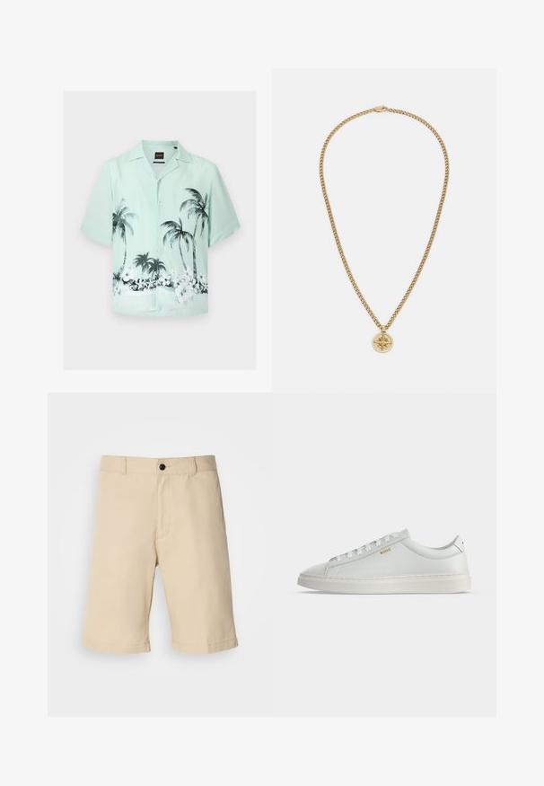 Chemise vert clair à manches courtes avec boutons et imprimé noir et blanc de palmiers et de fleurs tropicales sur le bas.; Shorts beiges en tissu léger, avec une taille plate, une taille standard avec fermeture à bouton, et un ourlet droit.; Baskets basses blanches en cuir avec lacets, semelle plate et petit logo doré "BOSS" sur le côté, vues de l'extérieur.; Collier en pendentif en or avec un design de chaîne, présentant un motif circulaire de boussole. La chaîne est texturée avec des maillons entrelacés.