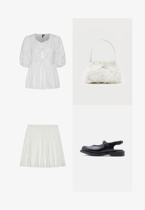 Blusa blanca de manga abullonada hecha de algodón, con escote redondo y un detalle de lazo en la parte frontal, además de una cintura fruncida para un ajuste relajado.; Falda blanca de múltiples capas con un acabado texturizado. Cuenta con una cinturilla elástica y volantes en capas, creando una silueta fluida.; Zapato estilo Mary Jane de cuero negro con dos correas ajustables con hebilla y una suela gruesa de goma ranurada.; Pequeño bolso blanco con rosas de tela que cubren su cuerpo y una delgada correa única como asa, sobre un fondo liso.