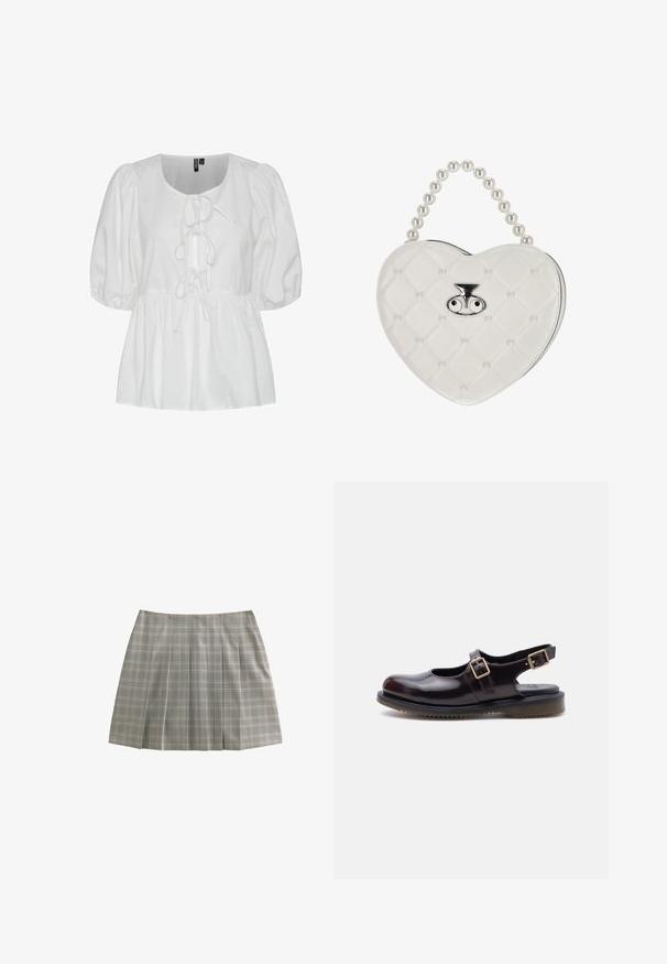 Witte blouse met pofmouwen van katoen, met een ronde hals en een strikdetail aan de voorkant, met een geplooide taille voor een relaxte pasvorm.; Grijs geruite geplooide rok met subtiele dunne lijnen in zwart, wit en bruin, plat gelegd op een witte achtergrond.; Donker bordeauxrode leren Mary Jane-schoen met twee verstelbare gespen en een zwarte rubberen zool, weergegeven in zijaanzicht op een witte achtergrond.; Witte, gewatteerde handtas in hartvorm met parelhandgreep en zilveren sluiting met twee oogvormige details.