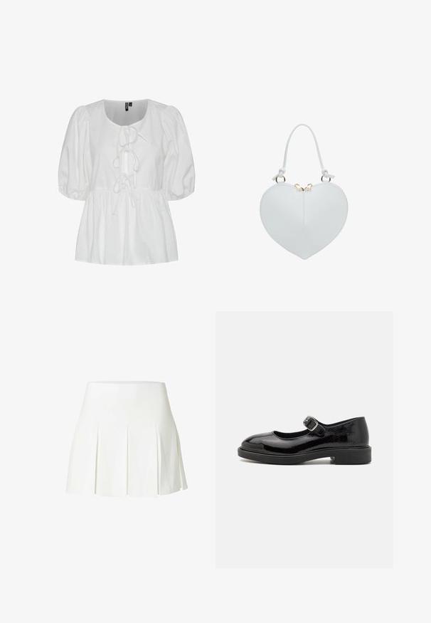 Witte blouse met pofmouwen van katoen, met een ronde hals en een strikdetail aan de voorkant, met een geplooide taille voor een relaxte pasvorm.; Witte geplooide minirok met hoge taille, gemaakt van een gestructureerde stof.; Zwarte gepatenteerde leren Mary Jane-schoen met ronde neus, verstelbare gespband, lage blokhak en een gladde glanzende afwerking.; Witte leren handtas in hartvorm met kort handvat en goudkleurige ritssluiting bovenaan in het midden.