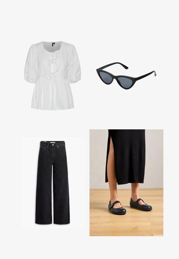 Blusa blanca de manga abullonada hecha de algodón, con escote redondo y un detalle de lazo en la parte frontal, además de una cintura fruncida para un ajuste relajado.; Jeans de pierna ancha negros hechos de denim, con cinco bolsillos, remaches de cobre y un cierre clásico de botón. Textura suave con un diseño limpio.; Mujer con una falda midi de canalé negra con abertura lateral, que lleva zapatos planos tipo Mary Jane negros sobre un suelo de madera.; Gafas de sol negras en forma de ojo de gato con lentes gris oscuro, marco de plástico elegante, esquinas puntiagudas y patillas rectas. Sin herrajes ni acentos visibles.