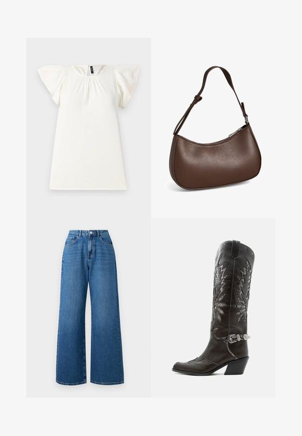 Haut blanc à manches courtes avec encolure froncée et manches flottantes, présentant de subtils accents de couture sur les épaules. Texture lisse.; Jean en denim bleu à jambes larges avec une taille haute, présentant un design à cinq poches, une fermeture à bouton à l'avant et un délavage subtil sur le tissu.; Botte de cowboy en cuir noir avec découpes décoratives, boucle argentée et talon incliné, présentée sur fond blanc.; Petit sac bandoulière en cuir marron avec sangle réglable et fermeture éclair, présenté sur fond blanc. Aucun logo ou décoration visible.