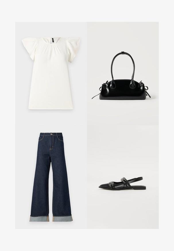 Haut blanc à manches courtes avec encolure froncée et manches flottantes, présentant de subtils accents de couture sur les épaules. Texture lisse.; Jean en denim foncé à jambes larges avec des coutures orange, présentant une taille haute, deux poches avant et des ourlets retroussés mettant en valeur un tissu contrastant bleu clair.; Even&Odd by Zalando Ballerines à brides arrière - black; Petit sac à main noir brillant avec deux longues anses et des détails à cordon sur les côtés sur un fond clair uni.