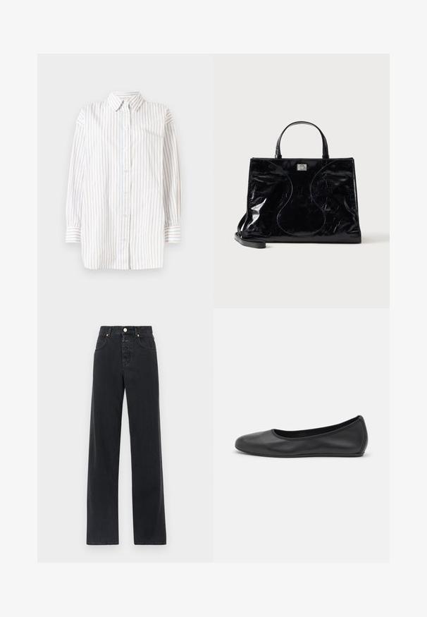 Hvid langærmet skjorte med lodrette striber i lyseblå og lyserød. Har knapper foran og spids krave. Blødt stof.; Sorte denim jeans med høj talje, lige ben, fem-lomme design, synlig syning og metalknaplukning.; Sort læderballetsko med rund tå, glat tekstur, minimal syning og et fleksibelt såldesign.; Sort blank læderhåndtaske med korte håndtag, aftagelig skulderrem og subtile buede syninger foran.