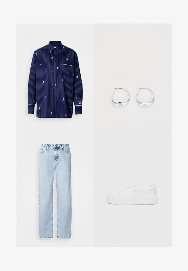 Chemise bleu marine à boutons avec rayures blanches et figures brodées ludiques. Comprend une poche appliquée et un bord contrastant blanc sur les poignets.; Jeans large bleus clairs en denim, avec une taille haute, un lavage décoloré et un motif tie-dye subtil à l'avant.; Baskets plateformes blanches avec une tige en cuir lisse, bout arrondi, lacets blancs et un logo discret sur le côté. Semelle en caoutchouc plate.; Boucles d'oreilles en argent avec une finition polie et un branding DKNY, présentées sur un fond blanc uni.