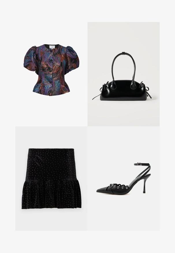 Blouse à manches bouffantes noire avec des motifs de sequins multicolores, dotée d'un col rond et d'une fermeture par boutons sur le devant. Tissu texturé.; Jupe en velours noir avec un ourlet froncé, ornée de pois argentés. Présente une taille ajustée et une texture douce.; Chaussure à talon haut noire à bout pointu, bords festonnés, œillets métalliques, lacets à l'avant et bride de cheville avec fermeture à boucle.; Petit sac à main noir brillant avec deux longues anses et des détails à cordon sur les côtés sur un fond clair uni.