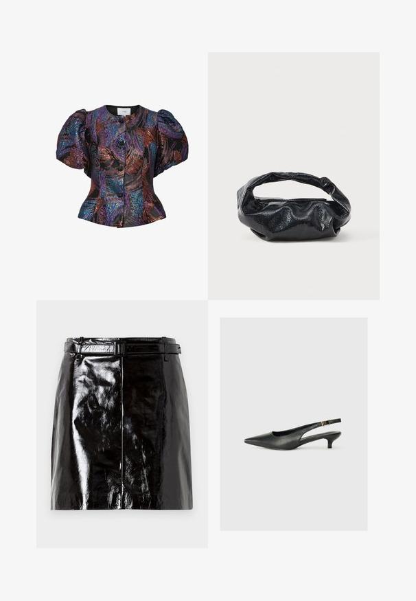 Blouse à manches bouffantes noire avec des motifs de sequins multicolores, dotée d'un col rond et d'une fermeture par boutons sur le devant. Tissu texturé.; Mini-jupe en cuir noir brillant avec une ceinture assortie et des détails de couture centrale.; Chaussure slingback noire à bout pointu en cuir lisse. Présente un talon fin et un détail de boucle sur la sangle réglable.; Sac noir en matériau texturé et brillant avec une poignée circulaire torsadée et une fermeture éclair. Présente un design doux et froissé.