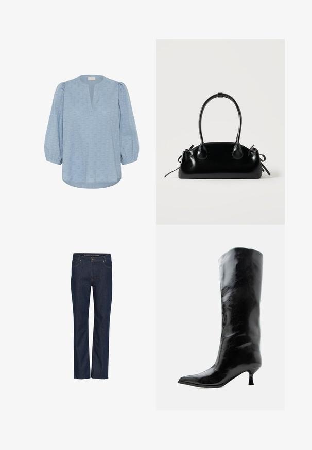 Kaffe KAENYA 3/4 SLEEVELESS - Blouse - windward blue; Jean en denim bleu marine avec une coupe droite, dotés d'une fermeture éclair, de poches avant et arrière, et de détails à ourlet effiloché.; Botte en cuir noire brillante, haute jusqu'au genou, avec bout pointu et talon bas courbé sur un fond clair uni.; Petit sac à main noir brillant avec deux longues anses et des détails à cordon sur les côtés sur un fond clair uni.