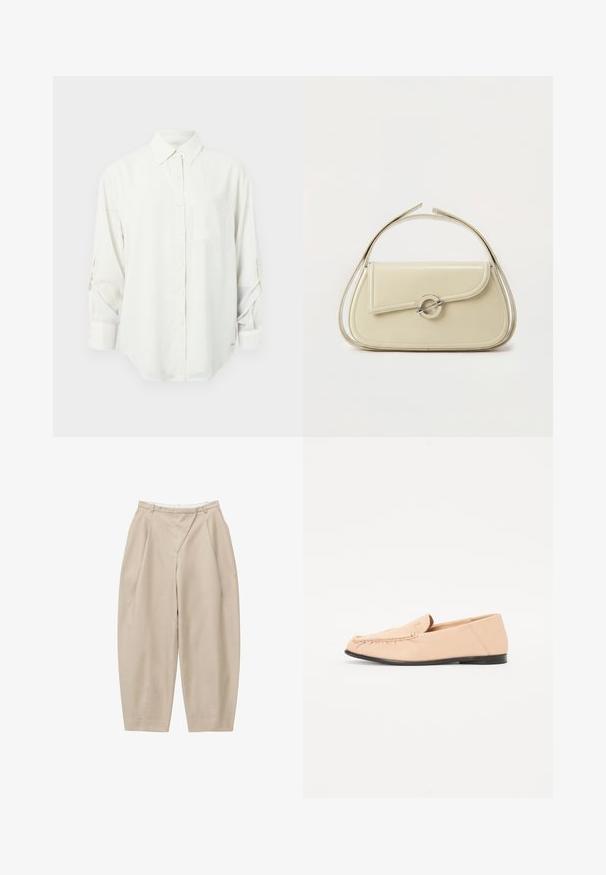 Chemise blanche à manches longues avec col, poche poitrine unique et manches retroussées. Tissu doux et lisse avec une coupe décontractée.; Pantalon beige taille haute à jambes larges avec plis, passants de ceinture et une couture avant, présenté sur fond blanc.; Mocassins en cuir beige avec des détails brodés, une semelle noire plate et un bout arrondi. Design minimaliste sans quincaillerie ou accents visibles.; Sac à main en cuir crème avec rabat incurvé, fermoir circulaire en argent et poignée courte sur le dessus, sur fond blanc uni.