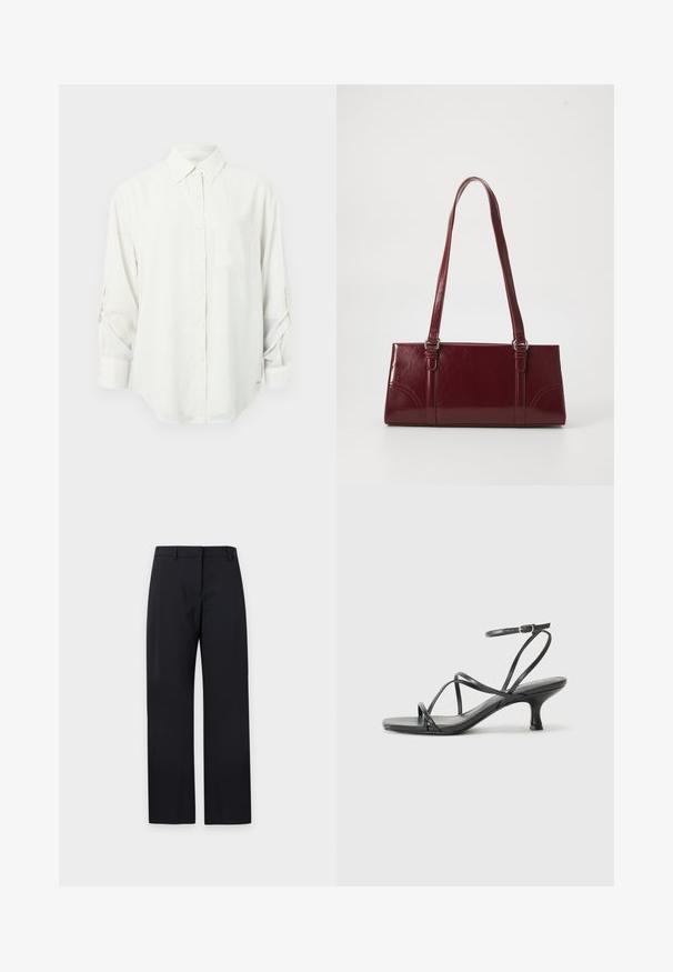 Chemise blanche à manches longues avec col, poche poitrine unique et manches retroussées. Tissu doux et lisse avec une coupe décontractée.; Pantalon noir à jambes droites avec passants de ceinture, fermeture éclair devant et devant plat, présenté sur un fond clair uni.; Sandales noires à talons avec des fines lanières, un design ouvert à l'avant et un petit talon évasé. Le matériau semble lisse et brillant.; Sac à main bordeaux en matériau brillant, de forme rectangulaire, avec deux anses et des accents légèrement courbés à l'avant.