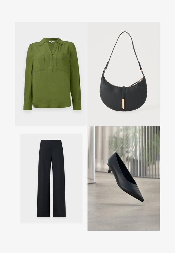 TOM TAILOR BLOUSE STRUCTURED SOLID - Μπλούζα - deep ivy green; Μαύρο παντελόνι με φαρδύ μπατζάκι, ψηλή μέση και μπροστινή πιέτα, τοποθετημένο επίπεδα σε απλό λευκό φόντο. Χωρίς ορατές τσέπες ή κουμπώματα.; Μαύρο παπούτσι με μυτερή μύτη και χαμηλό τακούνι που αιωρείται πάνω από ένα λείο τσιμεντένιο δάπεδο με κάθετα ημιδιάφανα πάνελ στο φόντο.; Μαύρη τσάντα χεριού σε σχήμα ημισελήνου με έναν ιμάντα, χρυστό φερμουάρ και χρυσή ορθογώνια διακοσμητική ετικέτα μπροστά.