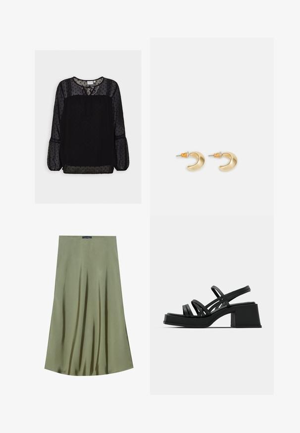 Blouse noire à pois avec un tissu transparent, des accents texturés, un col rond, un détail à nouer et de longues manches bouffantes. Dentelle sur les épaules.; Jupe midi vert olive en tissu lisse, avec un design fluide et un éclat subtil, dotée d'une taille droite.; Sandales noires à talons avec plusieurs fines lanières et un large talon carré. Design élégant avec une texture mate. La semelle intérieure a une légère courbure.; Boucles d'oreilles en forme de croissant en or avec une finition lisse, présentant des accents orange près du clou et un matériel en argent.