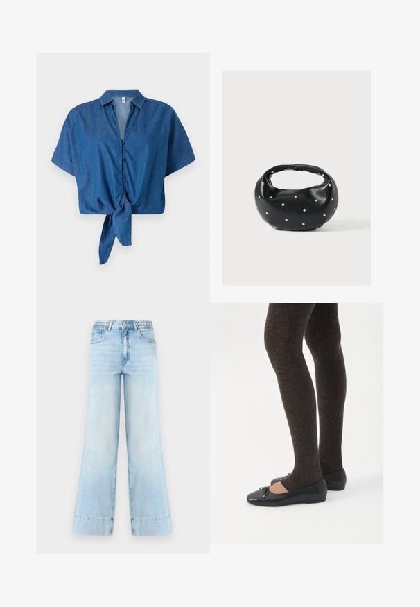 Blå denim skjorte med korte ærmer, krave, knaplukning foran og detaljeret knude i kanten. Blød tekstur og afslappet design.; Lyseblå jeans med vid benbredde og høj talje, fletbælteøjer, frontknap, lynlås og to lommer på hvid baggrund.; Ben iført mørke ribbede leggings kombineret med sorte balletsko med små sløjfedetaljer på hvid baggrund.; Sort læderhåndtaske med en rundet form, dekoreret med sølvnitter, og et kort håndtag. Glat tekstur og lynlåslukning.