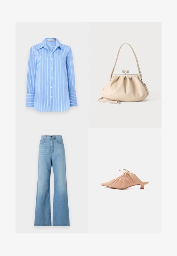 Chemise bleu clair à manches longues avec rayures blanches verticales et col pointu, présentée sur un fond blanc.; Jean large taille haute bleu clair avec fermeture frontale par bouton et fermeture éclair, poches avant et arrière, et coutures visibles.; Mule pour femme en cuir beige avec bout pointu, dessus froncé, lien de serrage et petit talon kitten, sur fond blanc.; Sac à main en cuir souple beige avec un fermoir en métal argenté, une bandoulière simple et une bandoulière chaîne optionnelle sur fond blanc.