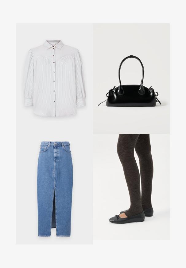 Lichtblauwe en witte gestreepte blouse met knoopsluiting, kraag en pofmouwen. Heeft een geraffineerde afwerking en roségouden knopen.; Lichtblauwe denim midi-jurk met een voorkant split, klassieke vijf zakken ontwerp en sluiting met bovenste knoop. De stof heeft een lichte textuur.; Benen met donkere geribbelde leggings gecombineerd met zwarte ballerina's met kleine strikdetails op een witte achtergrond.; Kleine zwarte glanzende handtas met twee lange hengsels en zijkant trekkoord details op een effen lichte achtergrond.