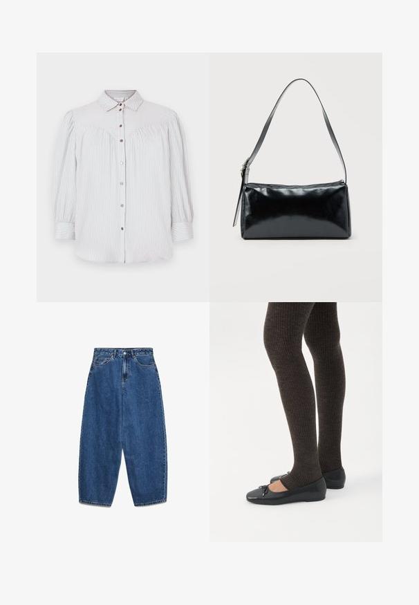 Lyseblå og hvidstribet bluse med knaplukning foran, krave og puffede ærmer. Har sammensyning og roseguld knapper.; Blå denimjeans med høj talje, afslappet pasform og lige ben. Klassisk design med fem lommer, lynlås og knaplukning.; Ben iført mørke ribbede leggings kombineret med sorte balletsko med små sløjfedetaljer på hvid baggrund.; Sort rektangulær skuldertaske med en enkelt justerbar rem og lynlås i toppen på en ensfarvet baggrund.