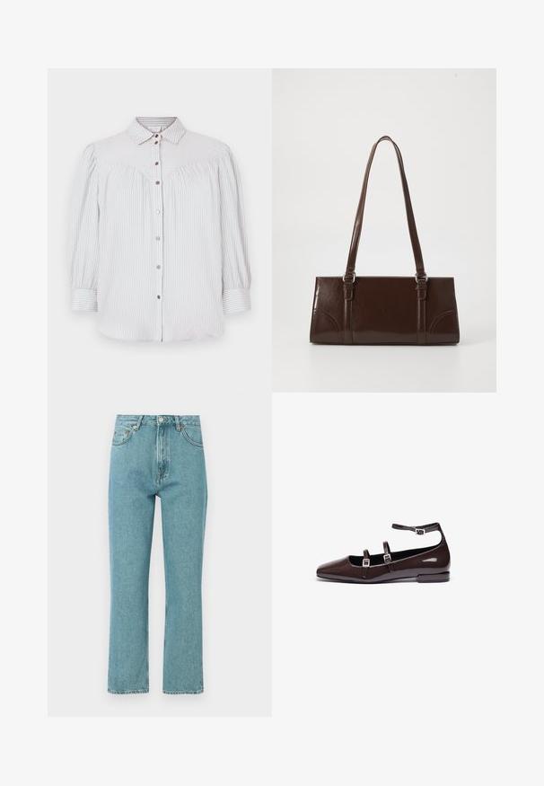 Lyseblå og hvidstribet bluse med knaplukning foran, krave og puffede ærmer. Har sammensyning og roseguld knapper.; Lyseblå, høj talje jeans med lige ben-design. Lavet af denim, featuring forlommer og knaplukning.; Brune patentlæder flade sko med spids tå, der har to justerbare stropper og sølvspænder samt en lav, firkantet hæl.; Brun lakeret håndtaske med rektangulær form, to lange håndtag og subtile buede detaljer på fronten.