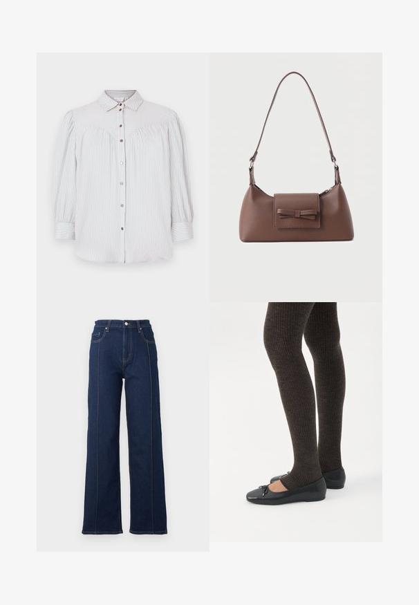 Lichtblauwe en witte gestreepte blouse met knoopsluiting, kraag en pofmouwen. Heeft een geraffineerde afwerking en roségouden knopen.; Donkerblauwe denim broek met wijde pijpen, opvallende stiksels, hoge taille en vijf zakken. Voorzien van een sluiting met knoop en rits aan de voorkant.; Benen met donkere geribbelde leggings gecombineerd met zwarte ballerina's met kleine strikdetails op een witte achtergrond.; Bruine leren schoudertas met een voorvak met klep en een gestikte strikdetail en een verstelbare band.