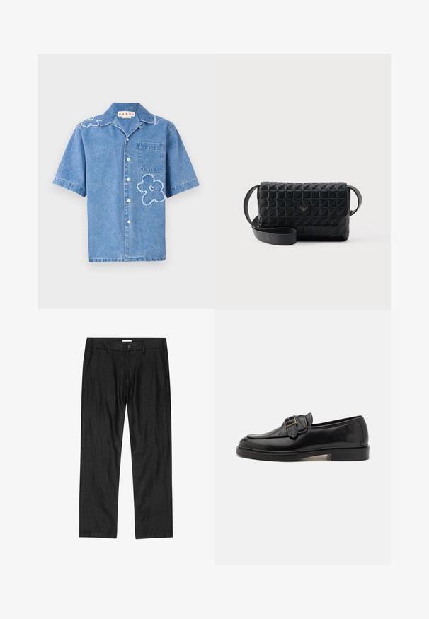Helevarvarine teksashirt helesinine, millel on kaks fraktsiooni lillemotifi, rindade tasku ja valge nupu sulgemine ees.; Meeste mustad sirge säärega püksid, millel on ees nupud, luku või tõmblukk ja küljetaskud, esitletud valgel taustal laotatuna.; Mustad mustad nahast kingad, millel on ümmargune varvas ja dekoratiivne pandla aktsent. Lame, ühtlane konts ja sile pind üle kogu kinga.; Mustast tekstuurist risti üle keha kantav kott, millel on lapi-stiilis sulgemine ja esiküljel väike metallist logo, esitletud ühevärvilise tausta ees.