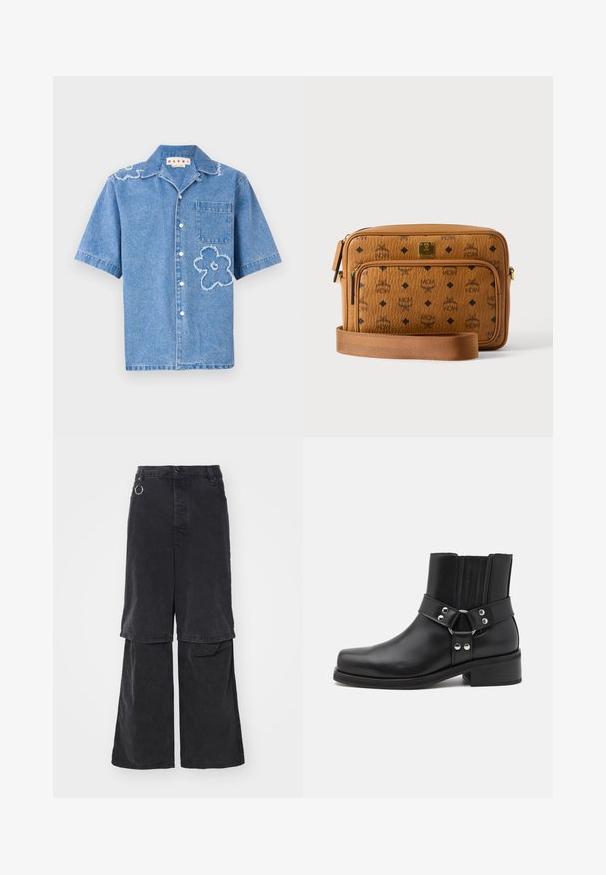Helevarvarine teksashirt helesinine, millel on kaks fraktsiooni lillemotifi, rindade tasku ja valge nupu sulgemine ees.; Études NOCTURNE - Avar lõikega teksad - black washed; The Kooples CHAUSSURES - Kauboi/mootorratturi poolsaapad - black; Pruun nahast risti kanda kott mustade MCM logodega, esiküljel lukuga tasku, kuldse tooniga märk ja reguleeritav kangast rihm valgel taustal.