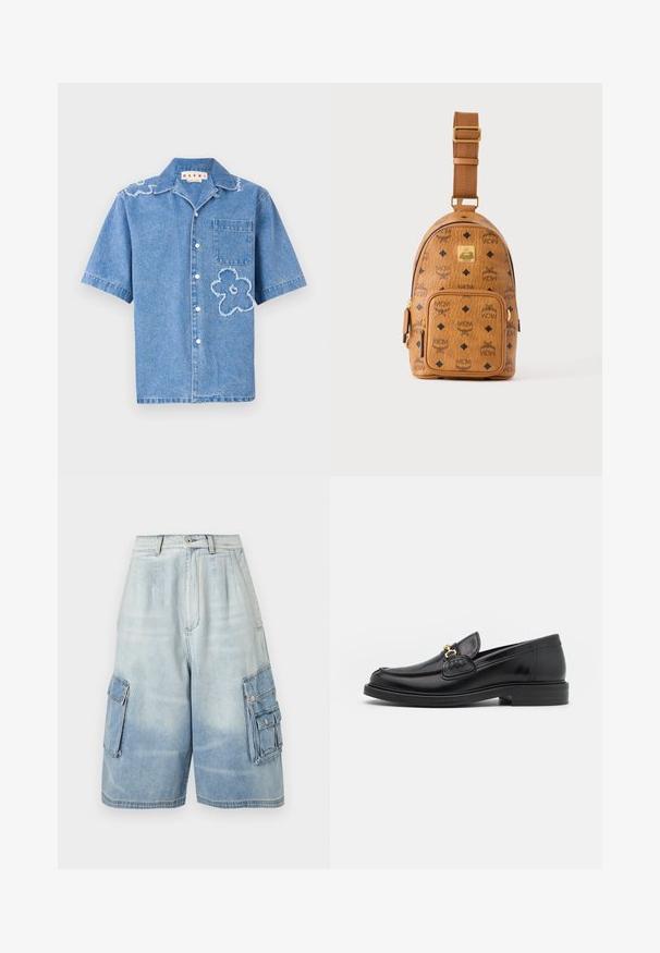 Korte mouwen denim shirt in lichtblauw, met twee rafelige bloemenmotieven, een borstzak en witte knoopsluitingen aan de voorkant.; Lichtblauwe denim cargoshorts met meerdere klepzakken en knoopsluitingen, met hoge taille en wijde pijp.; Zwarte leren instappers met een ronde neus, voorzien van een gouden hardware accent en stikdetails, geplaatst op een lage, getextureerde rubberen zool.; Kleine lichtbruine leren crossbodytas met verstelbare schouderriem, voorvak met rits en herhalend zwart MCM-logo patroon.