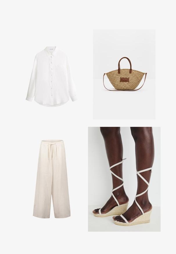 Chemise blanche à manches longues avec col et poche poitrine, présentée à plat sur un fond blanc.; Pantalon large en lin beige clair avec taille élastique et cordon de serrage. Présente une coupe ample et une texture lisse.; Sandale compensée avec une semelle d'espadrille texturée, des brides beiges entrecroisées autour de la cheville, design à bout ouvert, matériau lisse ressemblant au cuir.; Sac à main en paille tissée avec des anses et des garnitures en cuir marron, doté d'une base ronde et d'une bandoulière amovible.