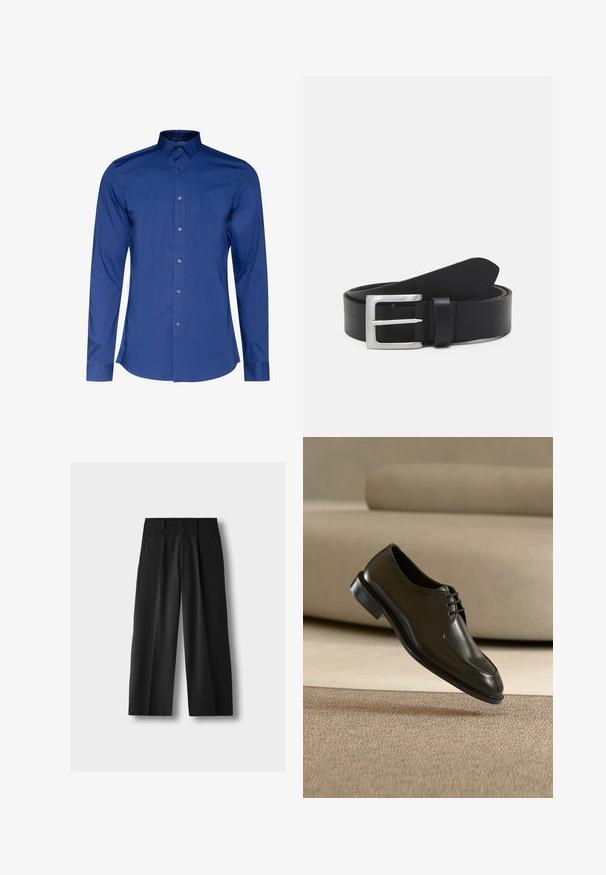 Camisa de manga larga y cuello en tejido azul oscuro con una textura suave, con cierre de botones en la parte delantera y dobladillo redondeado. Brillo sutil en el tejido.; Pantalones negros de cintura alta y pierna ancha con pliegues delanteros, bolsillos laterales, trabillas para cinturón y cierre con botón sobre un fondo gris claro.; Zapato de vestir de cuero negro con cordones cerrados flotando sobre una alfombra beige, sofá beige desenfocado al fondo.; Cinturón de cuero negro con una textura lisa, hebilla rectangular de plata y un lazo para el extremo. Presenta una costura ordenada a lo largo de los bordes.