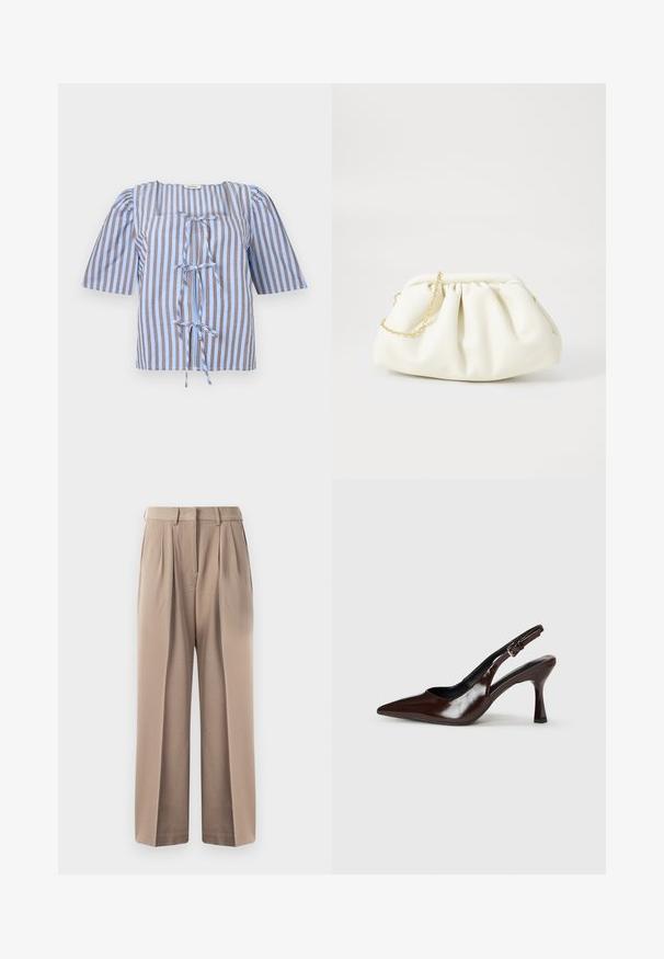 Blouse rayée bleue et brune avec des manches courtes bouffantes, un décolleté carré et un détail de nœud à l'avant. Fabriquée en tissu léger avec une texture lisse.; Pantalon beige à taille haute, avec deux plis à l'avant et une coupe large. Fabriqué en tissu lisse avec une finition soignée et sans matériel visible.; Talons slingback en cuir verni brun avec un bout pointu, un talon fin, et une sangle réglable avec une petite boucle.; Sac à main en cuir blanc avec un design plissé, doté d'une bandoulière en chaîne dorée et d'une forme arrondie. Texture lisse avec des plis doux et sans motifs.
