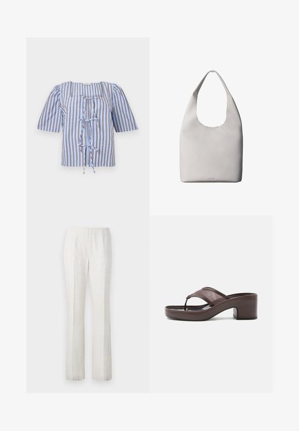 Blouse rayée bleue et brune avec des manches courtes bouffantes, un décolleté carré et un détail de nœud à l'avant. Fabriquée en tissu léger avec une texture lisse.; Pantalons de couleur claire, à jambes droites et texture lisse, dotés de plis frontaux et d'une ceinture au design épuré.; Sandale marron à talon avec lanière en mesh et design en tige, dotée d'un talon bloc et d'une semelle cousue, présentée de profil sur fond blanc.; Sac fourre-tout en cuir blanc avec une bandoulière unique, texture douce et logo discret Calvin Klein près du centre en bas.