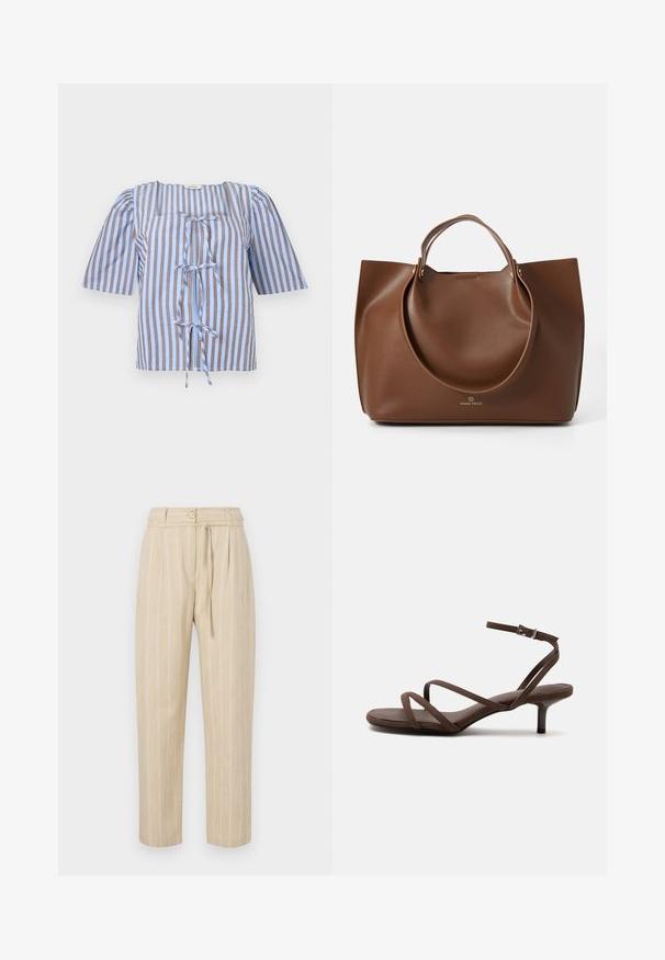 Blouse rayée bleue et brune avec des manches courtes bouffantes, un décolleté carré et un détail de nœud à l'avant. Fabriquée en tissu léger avec une texture lisse.; Pantalon beige à rayures avec une coupe décontractée, présentant une taille cintrée, une fermeture à bouton et une ceinture à nouer, fabriqué à partir d'un tissu léger.; Sandale marron à talons hauts avec fines lanières croisées et bride de cheville avec boucle argentée sur fond blanc.; Sac fourre-tout en cuir brun avec une texture lisse, de grandes poignées circulaires, présentant un design minimaliste et un logo embossé à la base.
