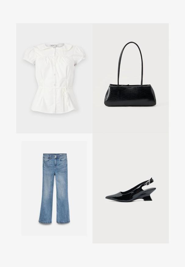 Blouse blanche à manches courtes avec col Claudine, boutons devant, poitrine froncée, poignets de manches élastiqués et fine ceinture à nouer à la taille.; Jean en denim bleu clair avec une taille haute, une fermeture double bouton, des poches avant et arrière, et des jambes légèrement évasées.; Chaussure slingback en cuir verni noir avec bout pointu et petit talon bloc incliné sur fond clair uni.; Sac à épaule rectangulaire noir avec de longues bretelles fines et une texture lisse et brillante sur un fond uni.