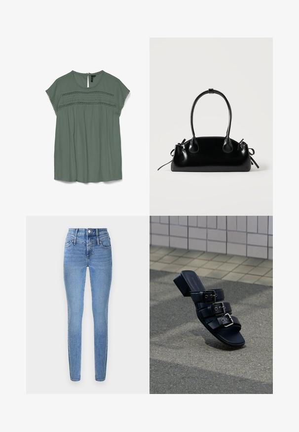 Blouse vert clair à manches courtes, avec des détails en dentelle au niveau de la poitrine et un dos en goutte d'eau. Fabriquée dans un tissu fluide avec une coupe décontractée.; Jean skinny en denim bleu clair avec une taille haute, deux poches avant et une braguette zippée. Présente une texture lisse et un léger effet délavé.; Mule noire à bout ouvert avec trois brides à boucle et un petit talon carré, posée sur une surface asphaltée près d'un pavement en carrelage.; Petit sac à main noir brillant avec deux longues anses et des détails à cordon sur les côtés sur un fond clair uni.