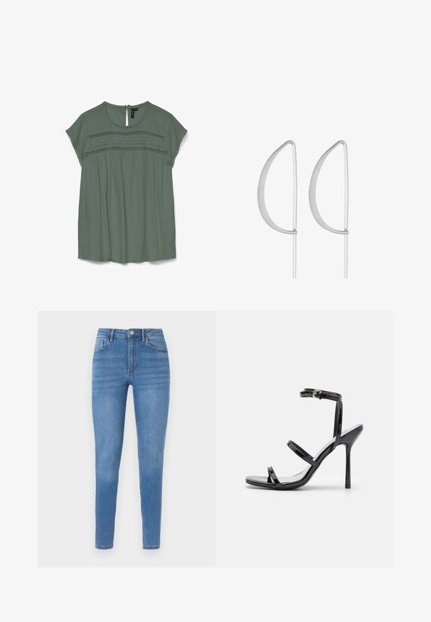 Blouse vert clair à manches courtes, avec des détails en dentelle au niveau de la poitrine et un dos en goutte d'eau. Fabriquée dans un tissu fluide avec une coupe décontractée.; Jean skinny bleu clair taille haute avec cinq poches, fermeture à boutons et légère décoloration sur les cuisses et les genoux.; Sandales à talons hauts en cuir verni noir avec trois sangles horizontales et une sangle de cheville ajustable. Silhouette élégante et finition brillante.; Boucles d'oreilles en métal argenté avec un design courbé minimaliste, présentant des formes en goutte d'eau allongées et ouvertes avec une finition mate.
