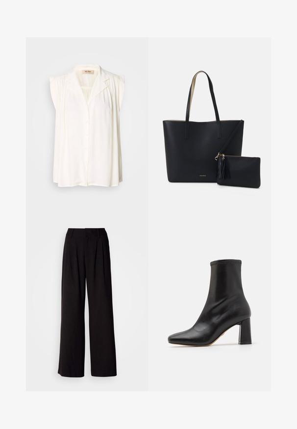 Blouse sans manches blanche avec col, fermeture à boutons sur le devant et détails plissés aux épaules. Texture douce et design fluide.; Pantalon large noir en tissu lisse, avec des plis à l'avant, une taille ajustée, et sans motifs ni accents visibles.; Bottine en cuir noir avec une texture lisse, bout pointu et talon bloc. Présente une tige extensible avec des coutures contrastantes.; Sac fourre-tout noir avec un matériau texturé, deux longues anses et une pochette zippée amovible avec un détail de pompon. Logo de la marque en orvisible.