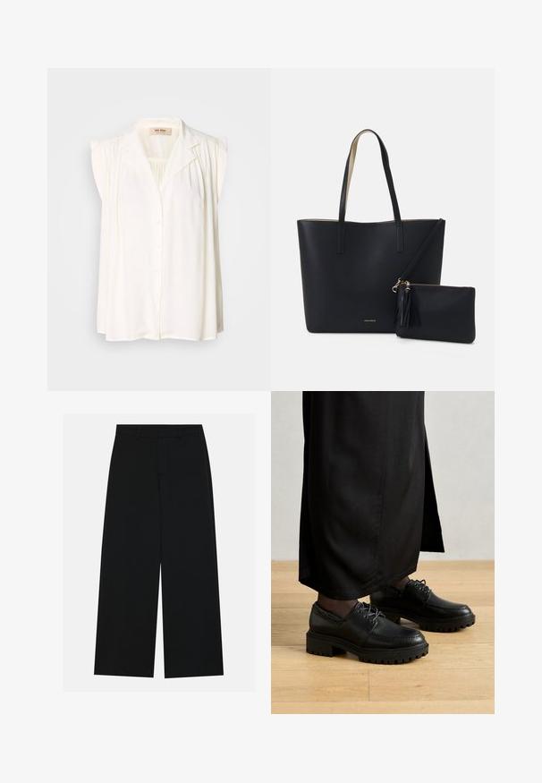 Blouse sans manches blanche avec col, fermeture à boutons sur le devant et détails plissés aux épaules. Texture douce et design fluide.; Pantalons noirs à jambe large en tissu lisse. Dotés d'une taille plate avec passants de ceinture et sans poches visibles. Design simple.; Chaussures en cuir noir avec un bout arrondi, une semelle en caoutchouc épaisse et des lacets. Le design présente des coutures décoratives le long de la tige.; Sac fourre-tout noir avec un matériau texturé, deux longues anses et une pochette zippée amovible avec un détail de pompon. Logo de la marque en orvisible.