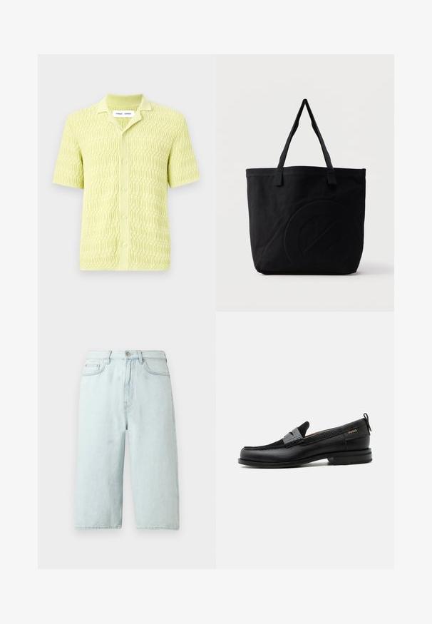 Limegrünes Kurzarm-Strickshirt mit einem strukturierten geometrischen Muster, ausgestattet mit einem klassischen Kragen und einer Knopfverschluss, gefertigt aus weichem Stoff.; Hellblaue Jeansshorts mit geradem Bein, mittlerer Bundhöhe, vorderen Taschen und einer einzelnen Gesäßtasche, veredelt mit dezenter Naht.; Schwarzer Lederloafer mit grauem Riemendetail, niedrigem Absatz und strukturierter Sohle, seitlich mit „HUGO“ in Gold gebrandmarkt.; Schwarze Canvas-Shopper-Tasche mit zwei Schulterriemen und einem dezenten, eingeprägten kreisförmigen Design auf der Vorderseite.