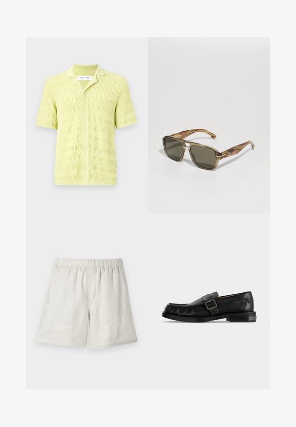 Limegrünes Kurzarm-Strickshirt mit einem strukturierten geometrischen Muster, ausgestattet mit einem klassischen Kragen und einer Knopfverschluss, gefertigt aus weichem Stoff.; Helle beige Leinen-Shorts mit elastischem Bund, die eine lockere Passform und minimale Nähte für ein einfaches, lässiges Design bieten.; Schwarzer Leder-Slipper mit Schnallenriemen, Ziernähten rund um die Zehenpartie und einem niedrigen Absatz mit Metallakzent.; BOSS Sonnenbrille - brown