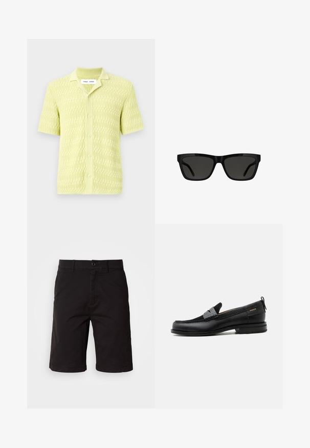 Limegrünes Kurzarm-Strickshirt mit einem strukturierten geometrischen Muster, ausgestattet mit einem klassischen Kragen und einer Knopfverschluss, gefertigt aus weichem Stoff.; Schwarze Shorts aus einem leichten Stoff, mit Knopfleiste, Gürtelschlaufen, Seitentaschen und geradem Schnitt mit umgeschlagenen Säumen.; Schwarzer Lederloafer mit grauem Riemendetail, niedrigem Absatz und strukturierter Sohle, seitlich mit „HUGO“ in Gold gebrandmarkt.; Schwarze Sonnenbrille mit rechteckiger Form, glänzendem Kunststoffrahmen, dunklen Gläsern und elegantem Bügeldesign, geeignet für verschiedene Gesichtsformen.