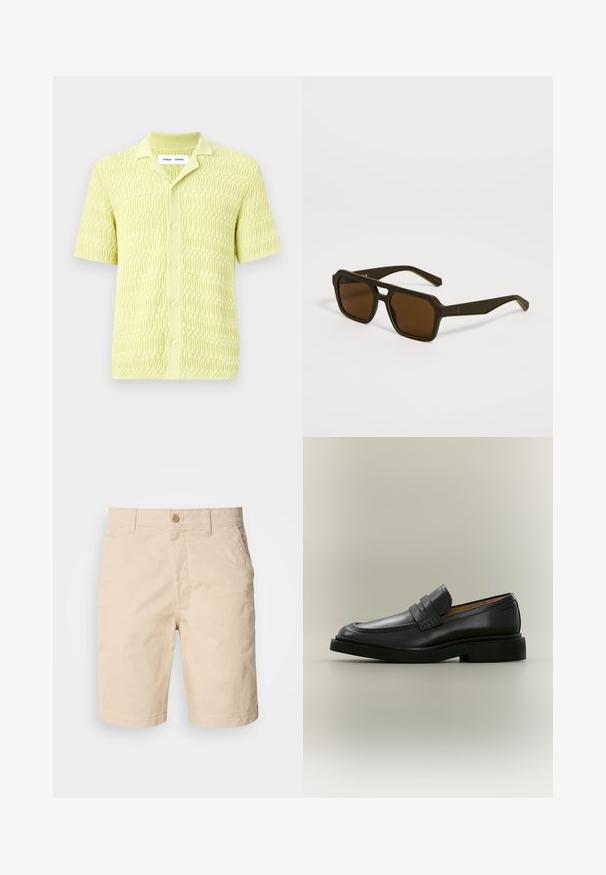 Camiseta de punto de manga corta en verde lima con un patrón geométrico texturizado, con un cuello clásico y cierre de botones, confeccionada en una tela suave.; Pantalones cortos de algodón beige con cierre de botón en la parte frontal, bolsillos laterales y corte recto. Textura suave con detalles de costura limpios.; Mocasín de hombre de cuero negro con tacón bajo y detalle de correa en la parte superior, mostrado de perfil sobre un fondo neutro.; Gafas de sol cuadradas de color marrón oscuro con monturas gruesas y patillas ligeramente inclinadas, apoyadas sobre una superficie gris clara.