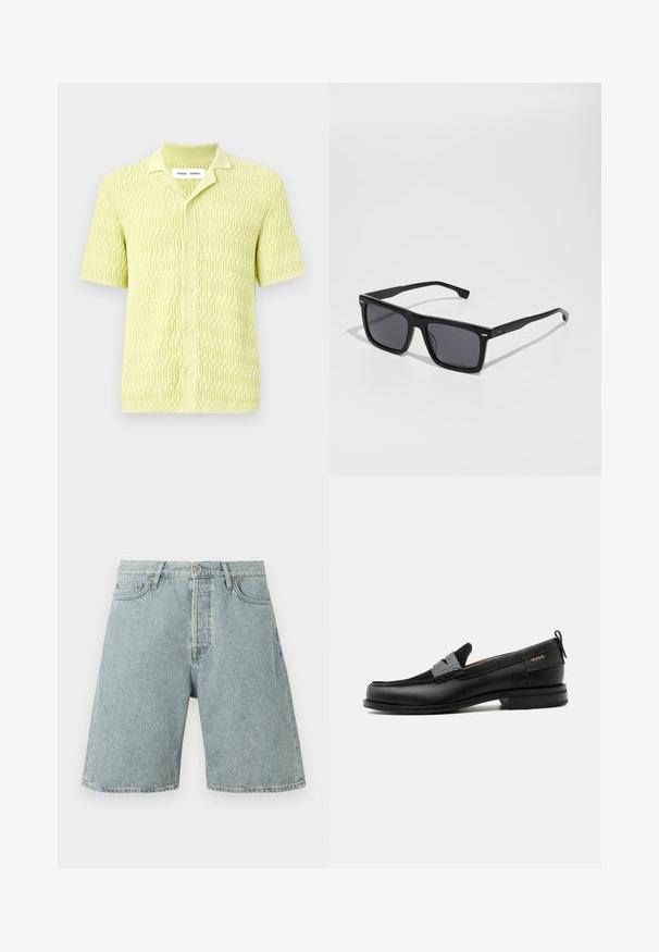 Limegrøn kortærmet striktrøje med et tekstureret geometrisk mønster, klassisk krave og knaplukning, fremstillet af blødt stof.; Lysblå denim shorts med en afslappet pasform, fem lommer og knaplukning. Slidt udseende med synlige sømdetaljer.; Sort læderloafer med grå remdetalje, lav hæl og tekstureret sål, mærket med "HUGO" i guld på siden.; Sorte firkantede solbriller med mørke linser. Lavet af plastik, med teksturerede sider og et minimalistisk design. Accenter nær hængslerne.
