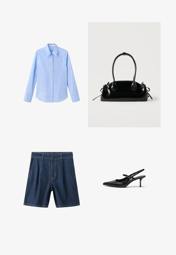 Chemise bleu clair à boutons, manches longues, col classique, texture lisse, coupe ajustée et coutures latérales pour un look structuré.; Short en denim bleu foncé avec passants de ceinture, poches avant et coutures jaunes, présenté sur fond blanc.; Talons aiguilles noires en cuir avec un bout pointu, une fine bride réglable, et un talon aiguille d'environ 5 cm, texture lisse.; Petit sac à main noir brillant avec deux longues anses et des détails à cordon sur les côtés sur un fond clair uni.