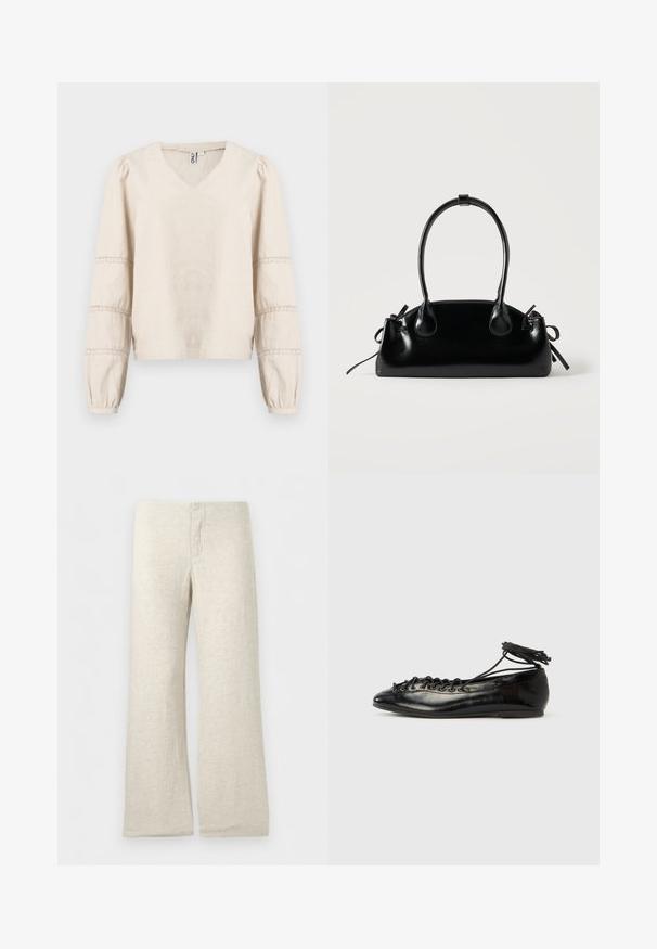 Blouse beige clair avec un col en V, de longues manches bouffantes, et des détails en dentelle autour des poignets. Fabriquée en tissu doux et texturé.; Pantalon beige en lin à jambes larges avec une ceinture plate et un détail de braguette cousue, présenté sur un fond blanc uni.; Ballerines en cuir verni noir avec un bout rond, un design à lacets et une semelle plate. Texture lisse avec peu de détails.; Petit sac à main noir brillant avec deux longues anses et des détails à cordon sur les côtés sur un fond clair uni.